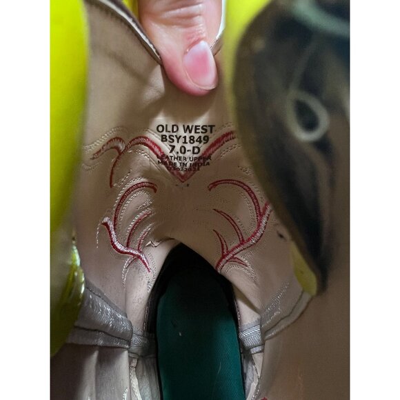 Old West Youth Cowboy Boots Size 7 D Neon Yellow & Brown Leather - Picture 6 of 11